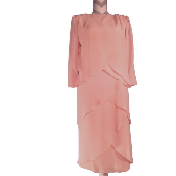 Tiered Boat Neck Chiffon Sleeve Mother of the Bride Dress Elegant Modest S 5 6 - Picture 4 of 10